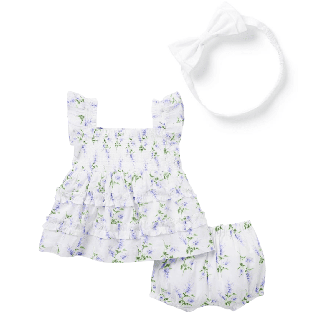 Conjunto floral de duas peças com laço branco na cabeça