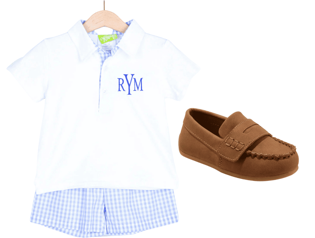 opção de colagem de roupa de páscoa para menino - camisa branca com shorts de algodão azul e mocassins marrons 