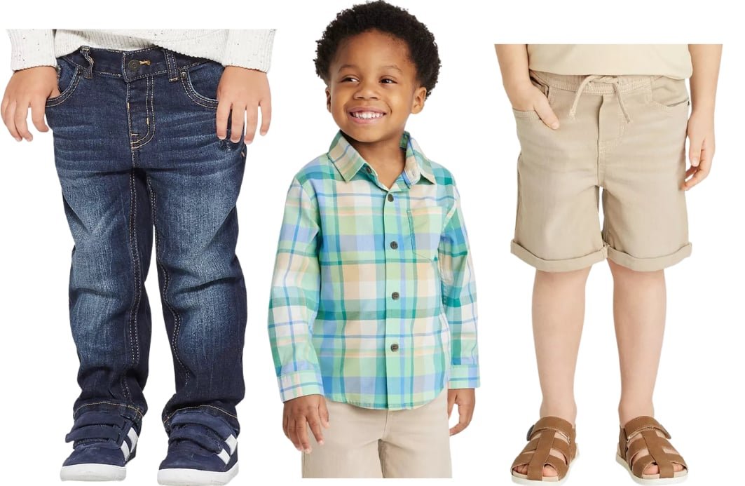 opção de colagem de roupa de páscoa para menino - menino com camisa xadrez de botão, jeans e shorts cáqui 