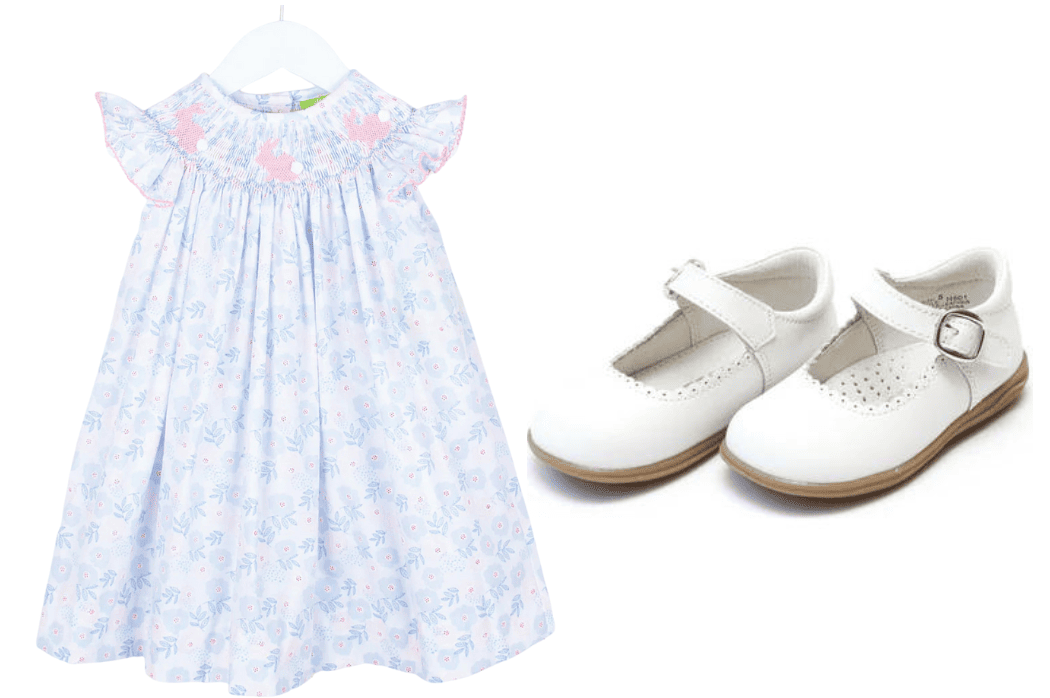 Uma opção de roupa de Páscoa para meninas pequenas - vestido floral com sapatos Mary Jane brancos 