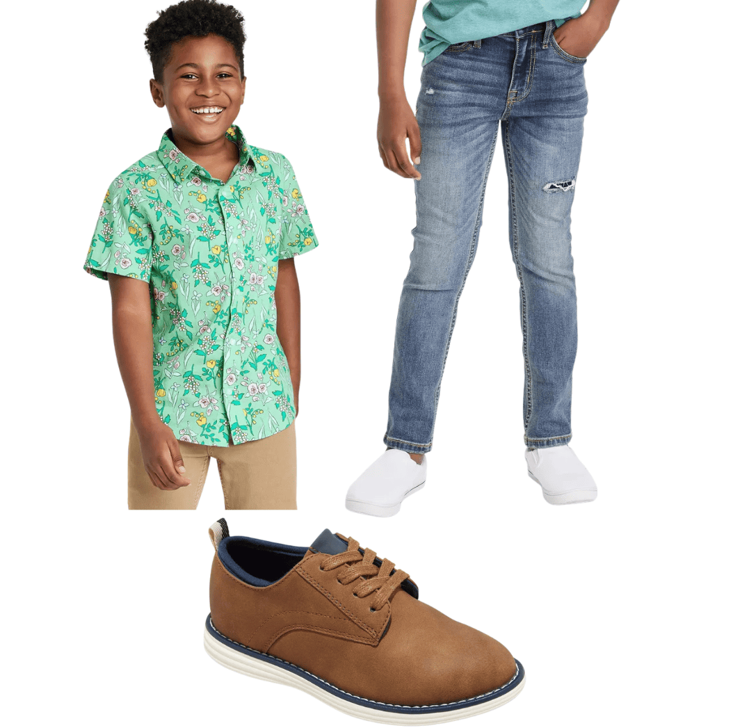 opção de roupa de páscoa para menino - menino com camisa floral de botão, jeans e sapatos marrons de amarrar 
