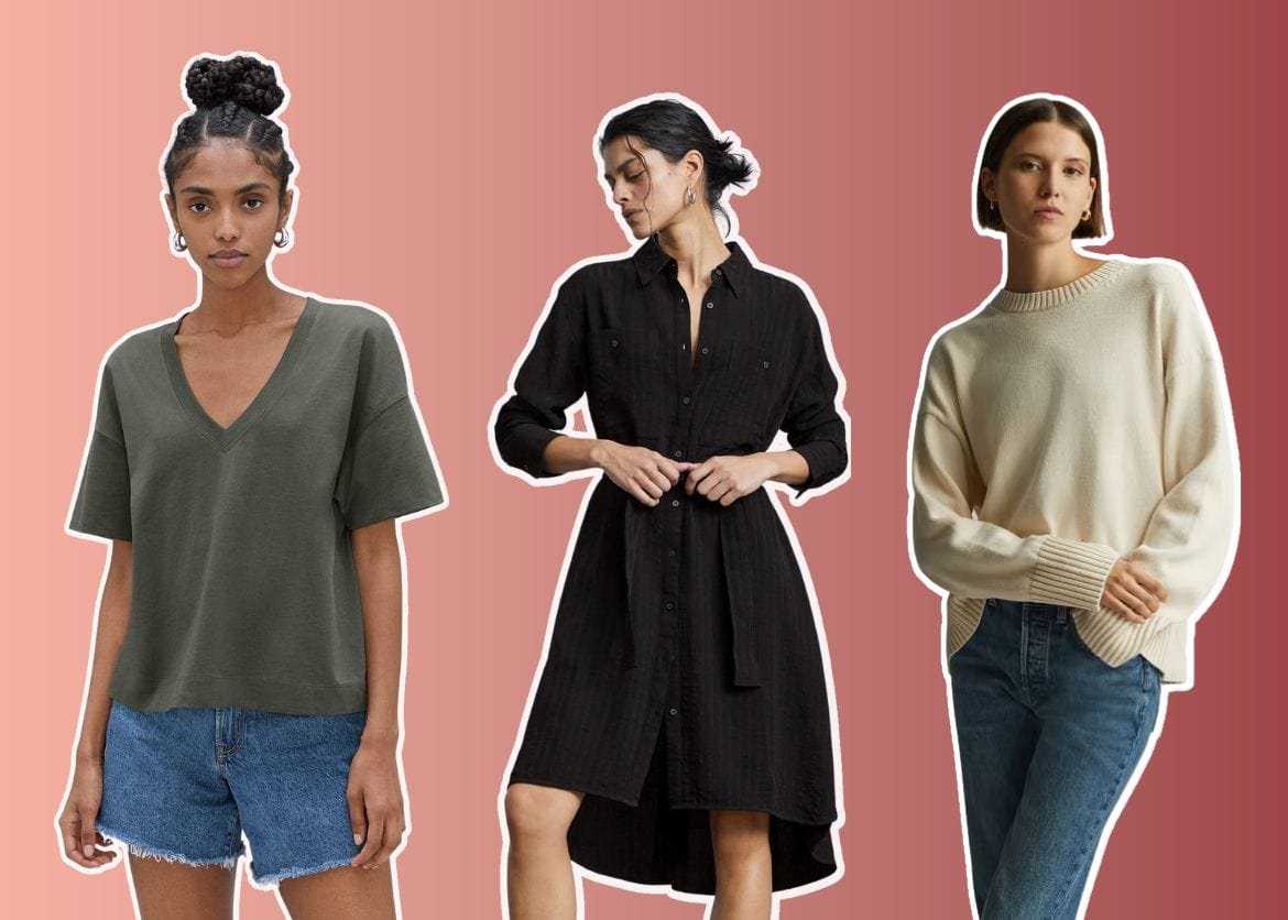 Three woman modeling neutral colored clothing