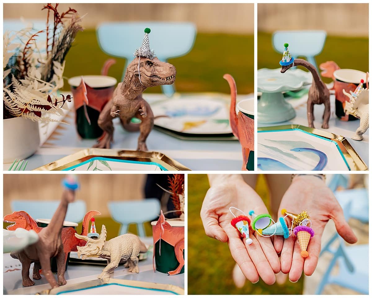 Dinossauros com chapéus de festa
