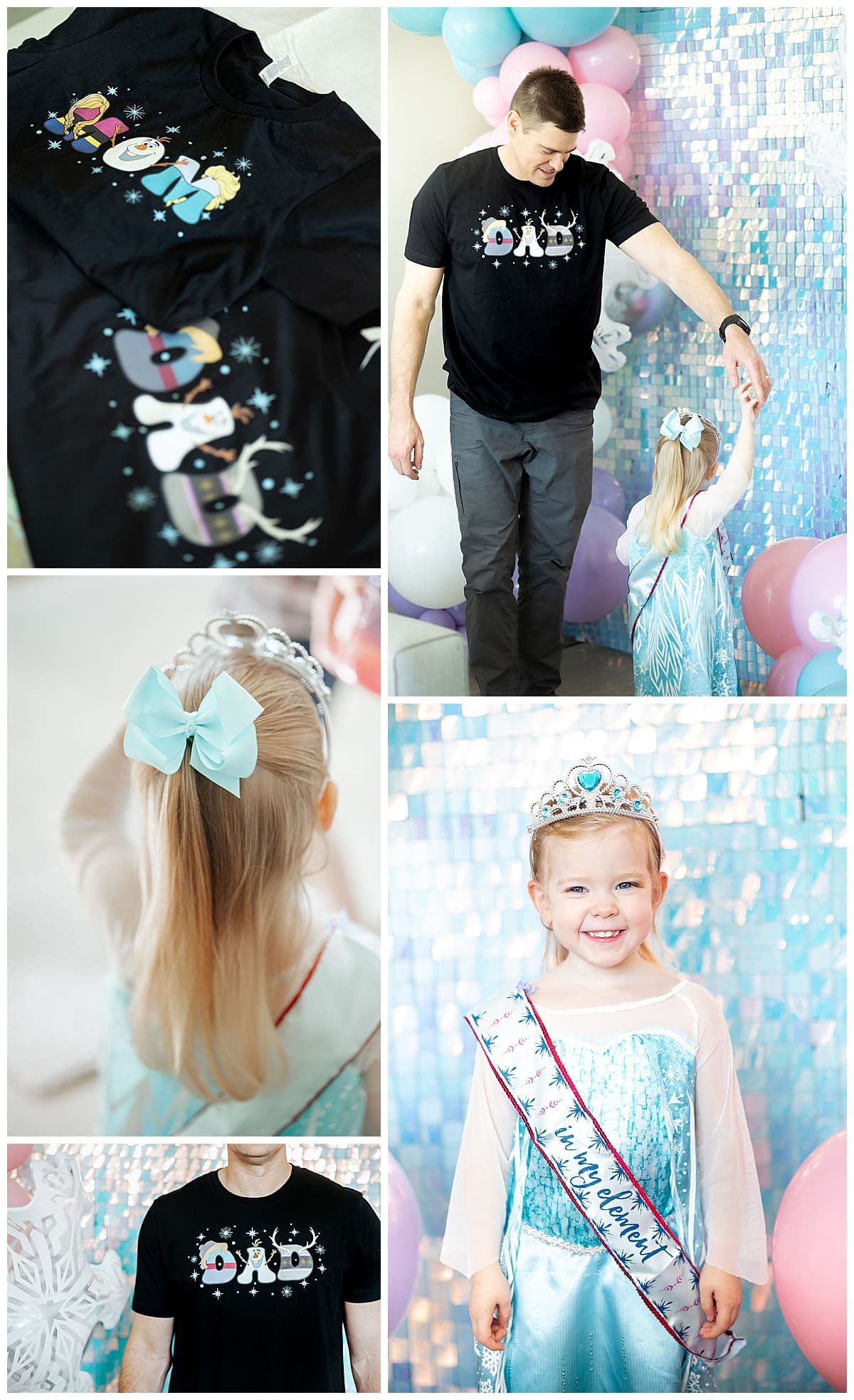 Colagem de traje de festa Frozen na festa de aniversário de uma criança de 3 anos