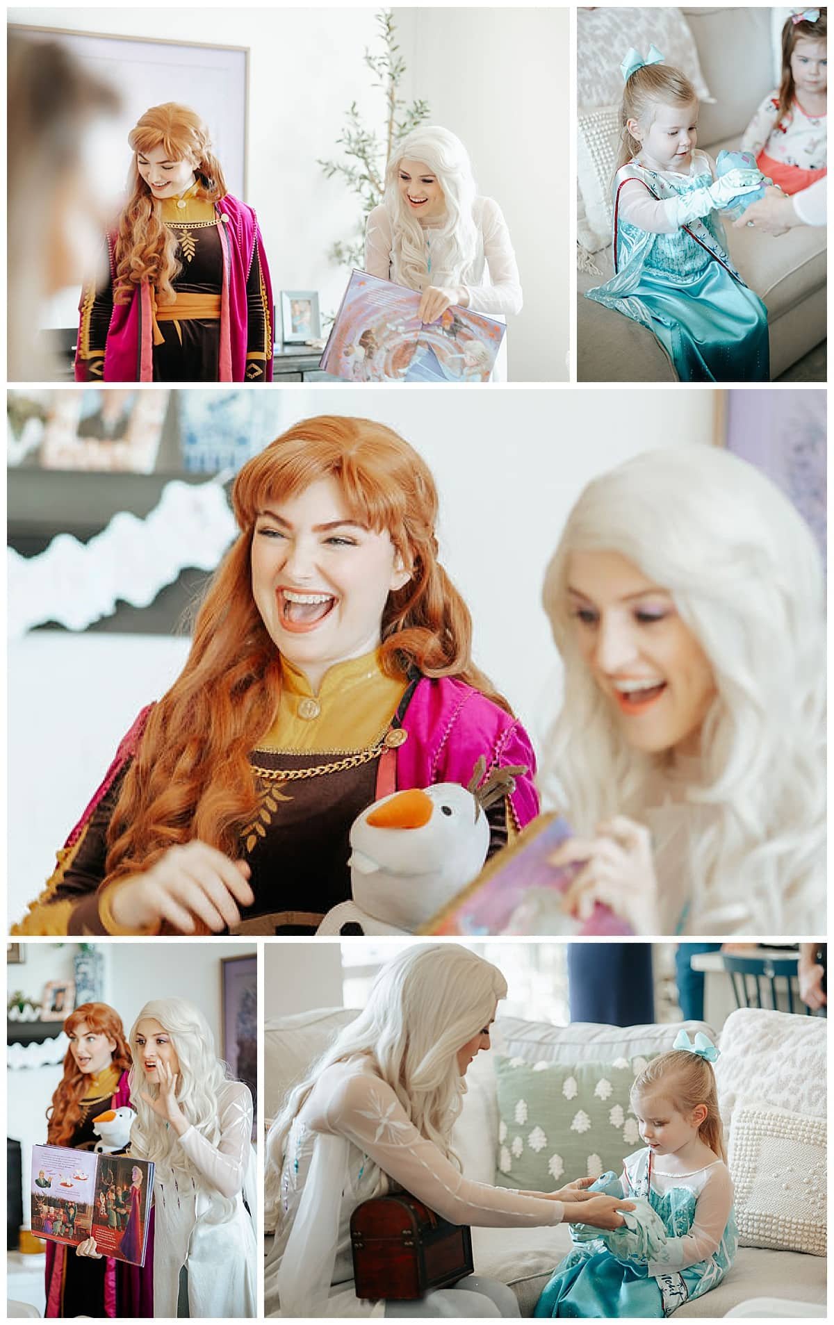 Colagem de fotos mostrando Elsa e Anna de Frozen em uma festa de aniversário