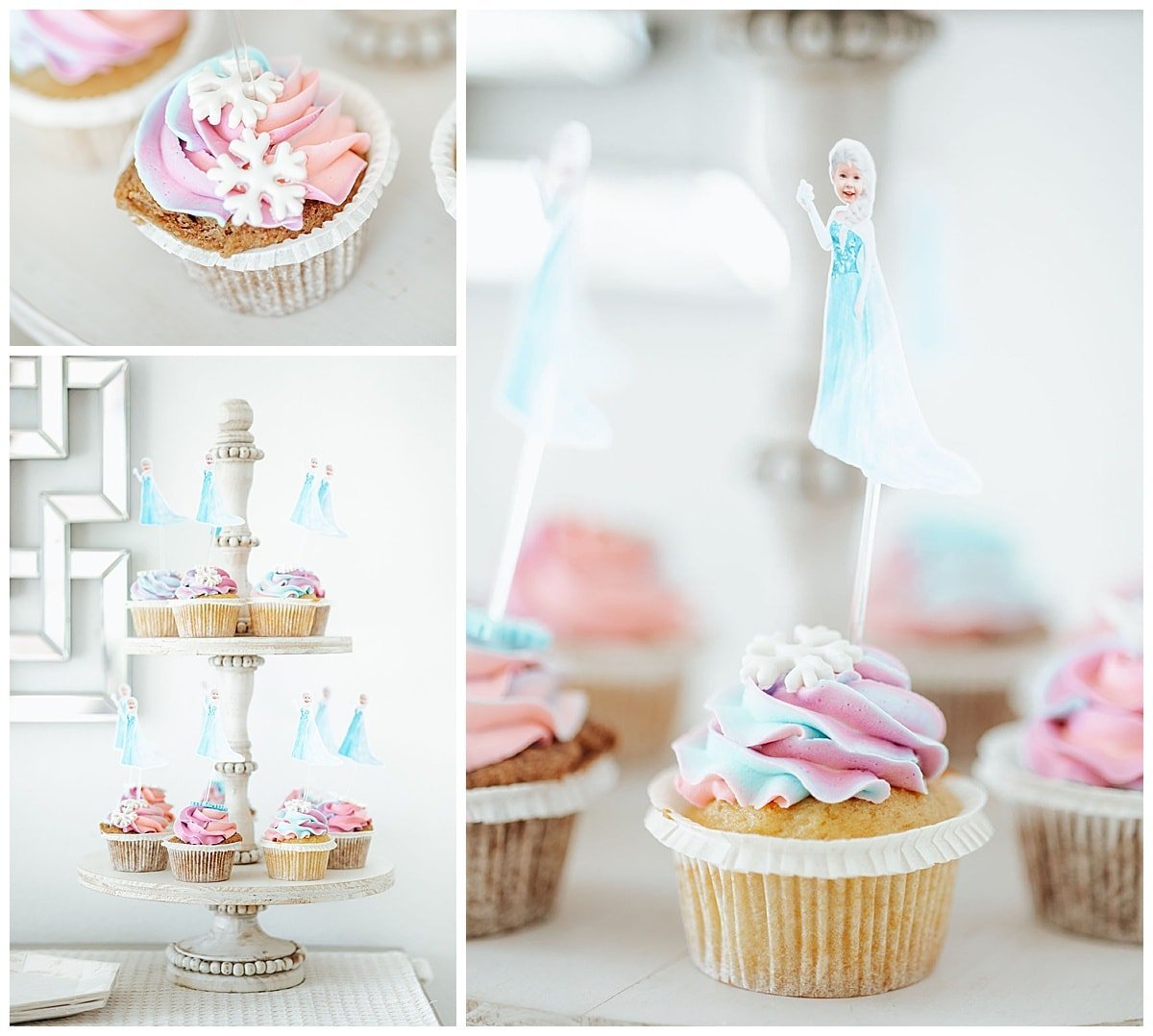 Cupcakes de festa de aniversário congelados e toppers de cupcake personalizados