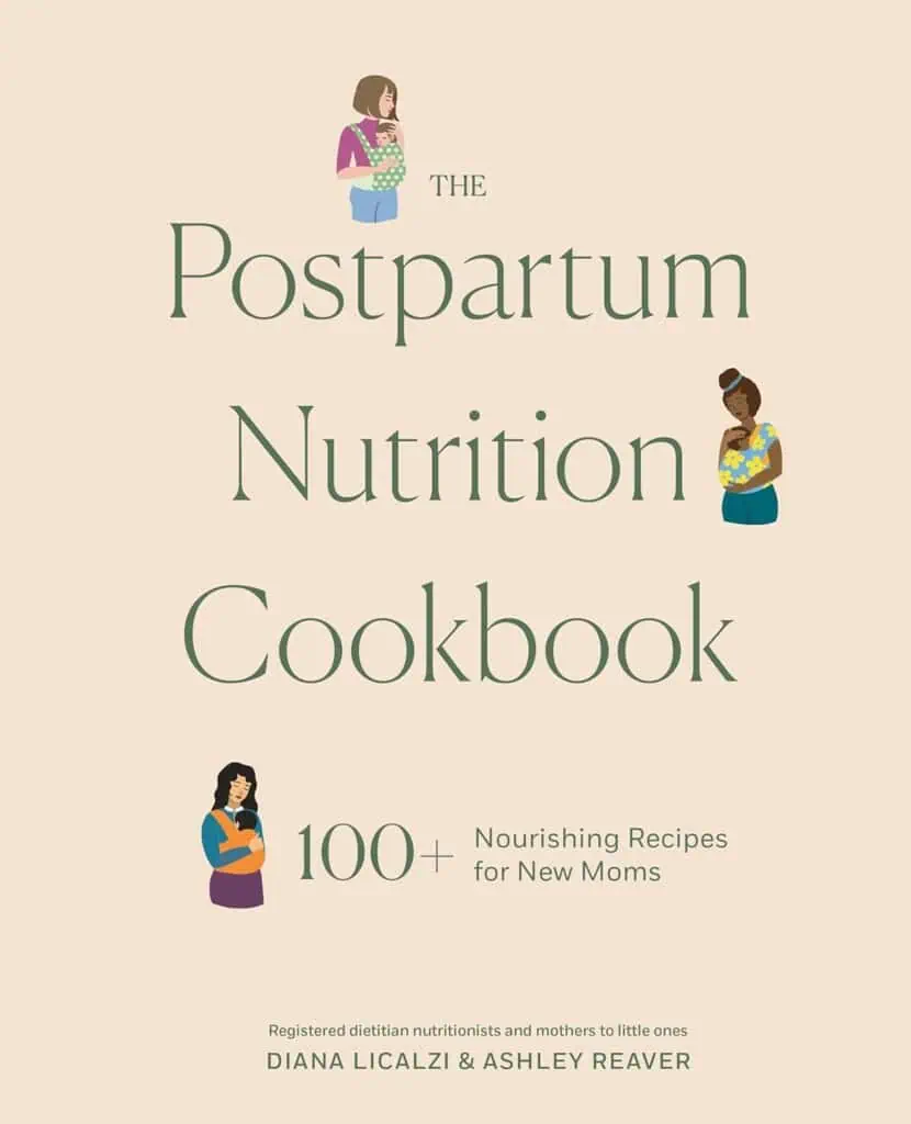 Capa do livro de receitas de nutrição pós-parto com ilustrações de três mães segurando bebês. O texto diz mais de 100 receitas nutritivas para novas mães e credita as autoras Diana Licalzi e Ashley Reaver.