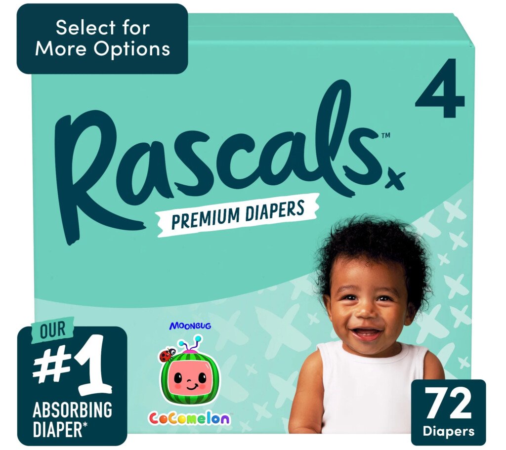 Imagem de uma caixa de fraldas Rascals Premium, tamanho 4, com uma criança sorridente. O pacote inclui 72 fraldas e destaca nossa fralda absorvente nº 1. Um logotipo Cocomelon é exibido na caixa. Perfeito para pais que buscam produtos inovadores para bebês para 2025. Um rótulo diz Selecione para obter mais opções.